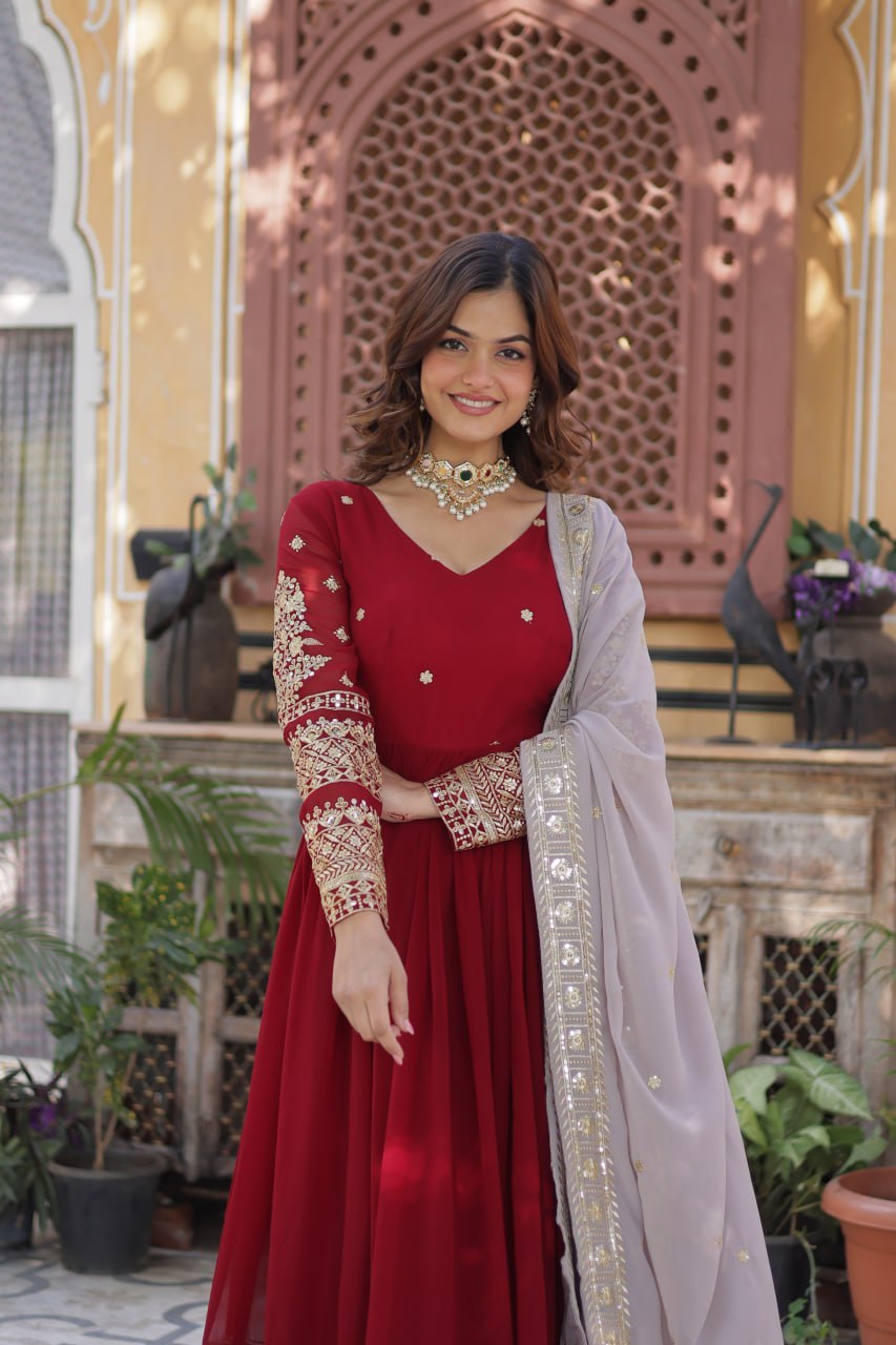 Red Anarkali Dress for Women with Sequins Work