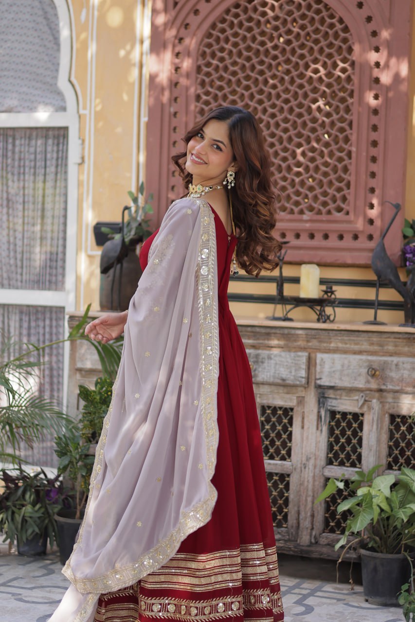 Red Anarkali Dress for Women with Sequins Work