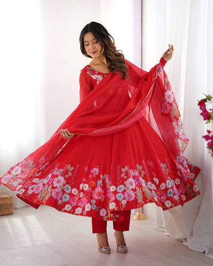 Floral Printed Organza Anarkali Suit for Festive Party Wear