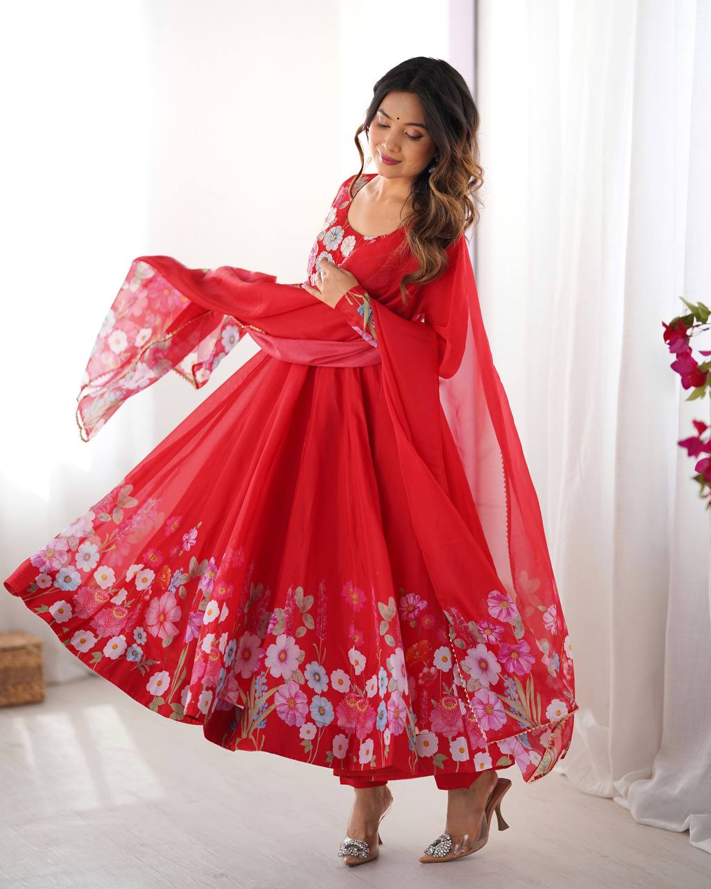 Floral Printed Organza Anarkali Suit for Festive Party Wear