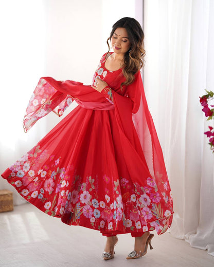 Floral Printed Organza Anarkali Suit for Festive Party Wear