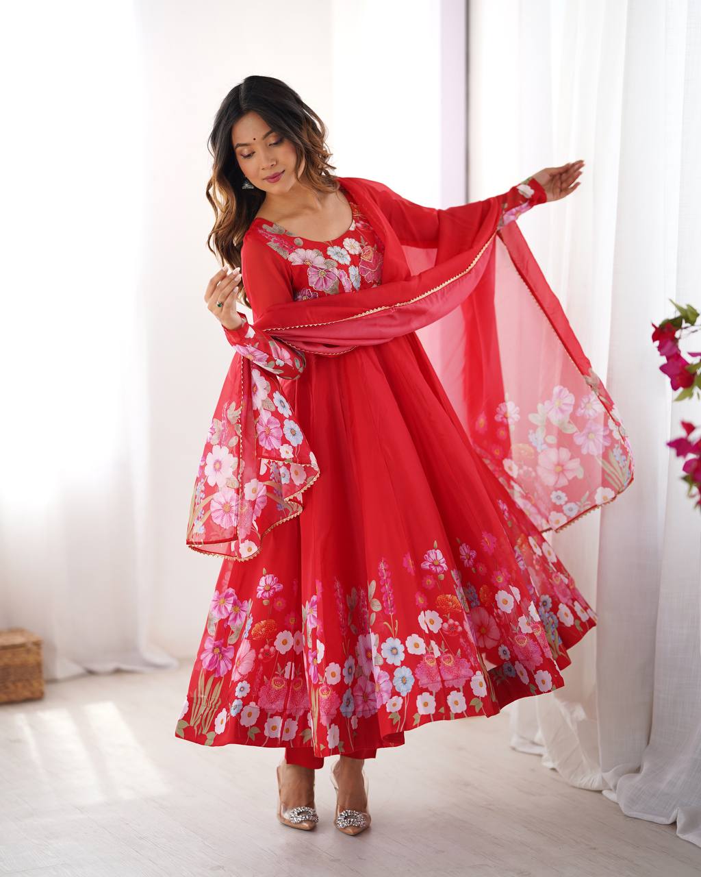 Floral Printed Organza Anarkali Suit for Festive Party Wear