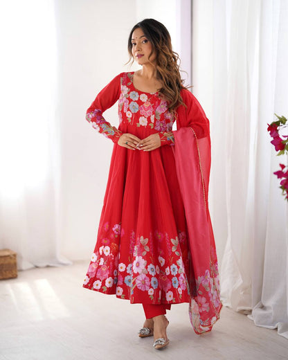 Floral Printed Organza Anarkali Suit for Festive Party Wear