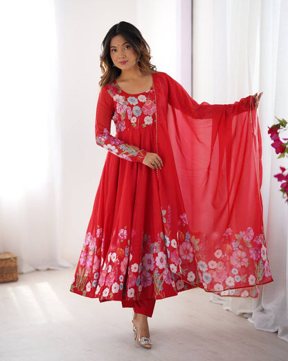Floral Printed Organza Anarkali Suit for Festive Party Wear