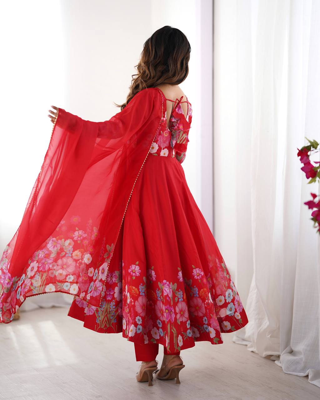 Floral Printed Organza Anarkali Suit for Festive Party Wear