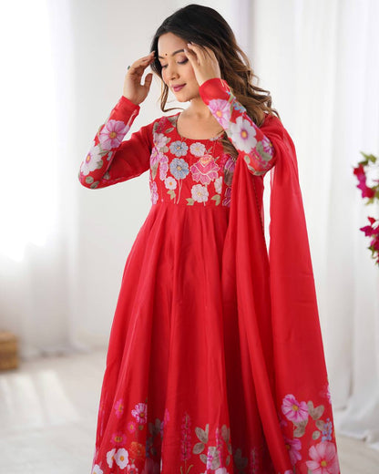 Floral Printed Organza Anarkali Suit for Festive Party Wear