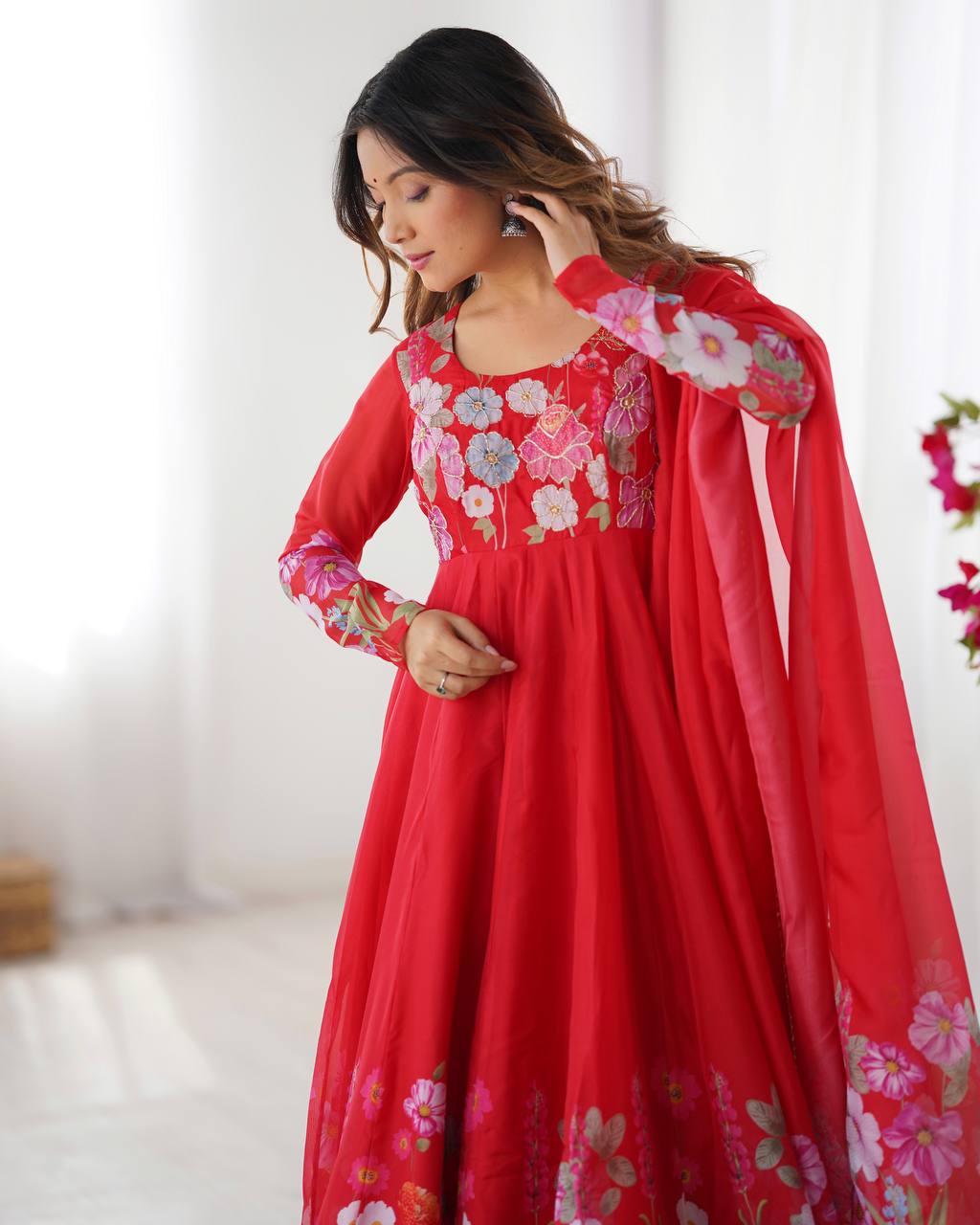 Floral Printed Organza Anarkali Suit for Festive Party Wear