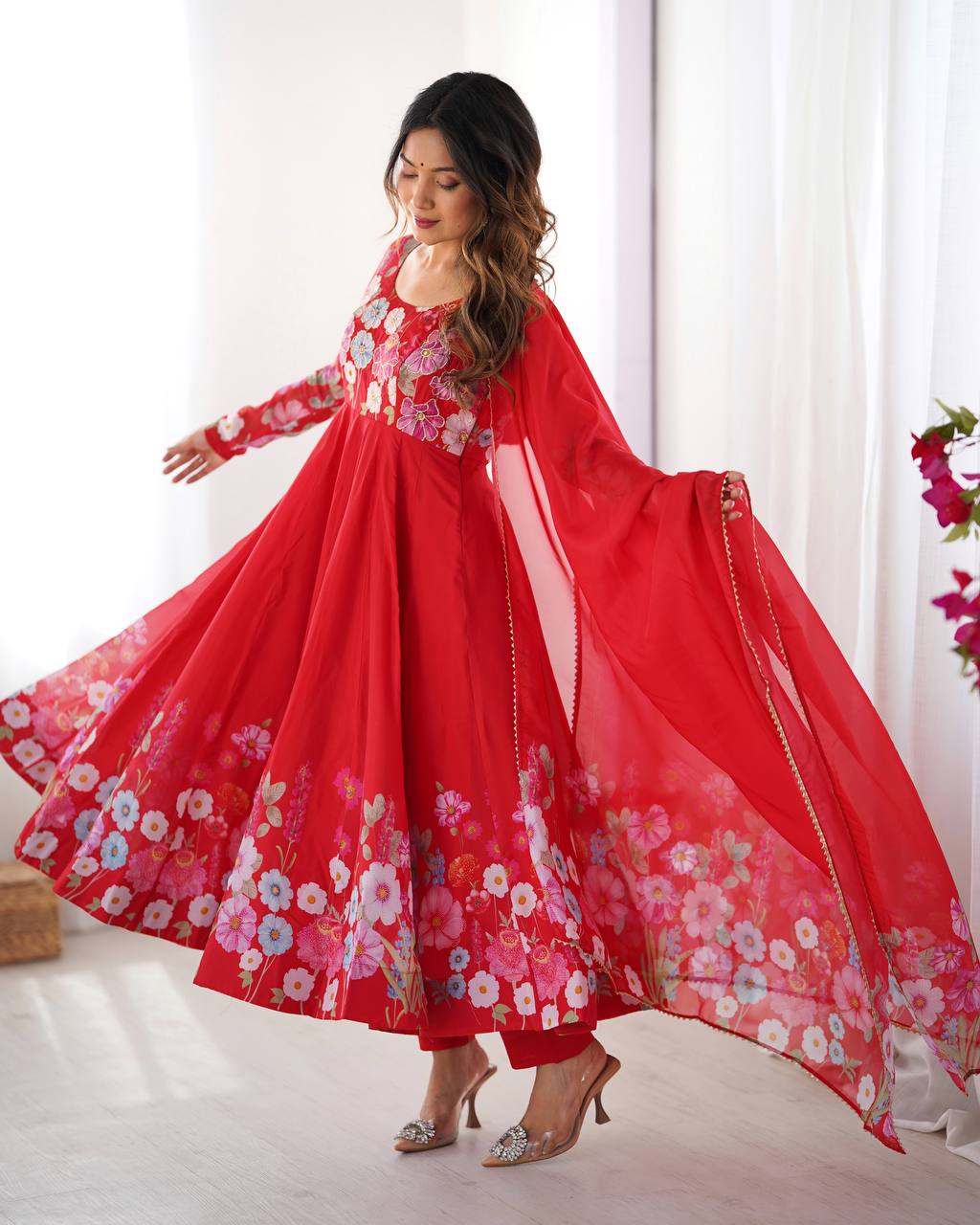 Floral Printed Organza Anarkali Suit for Festive Party Wear