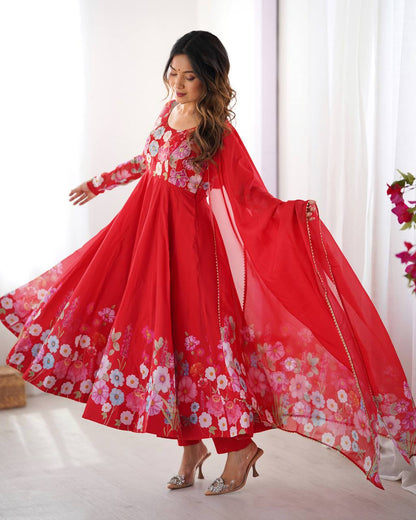 Floral Printed Organza Anarkali Suit for Festive Party Wear