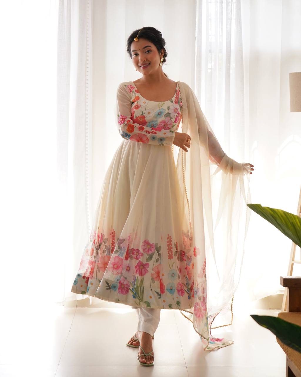 Floral Printed Organza Anarkali Suit for Festive Party Wear