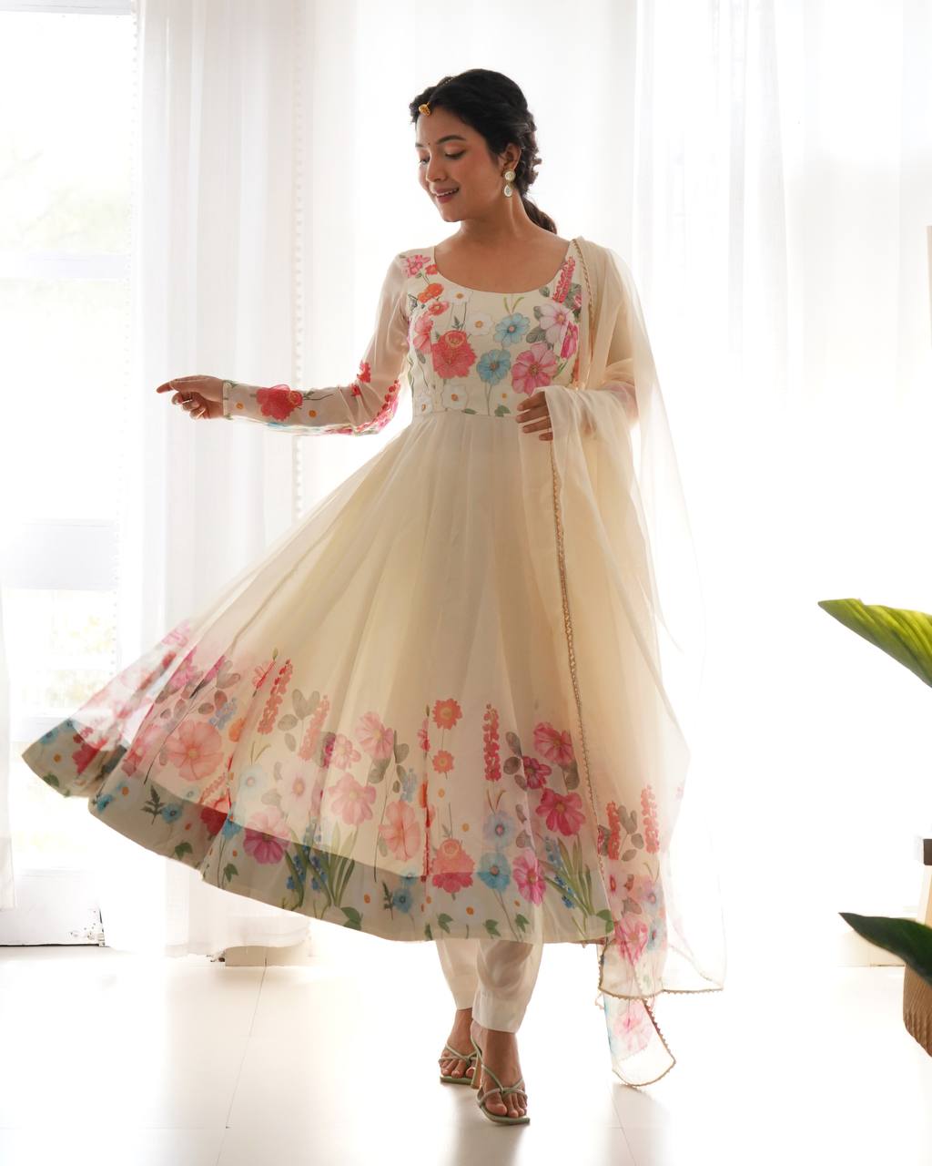 Floral Printed Organza Anarkali Suit for Festive Party Wear