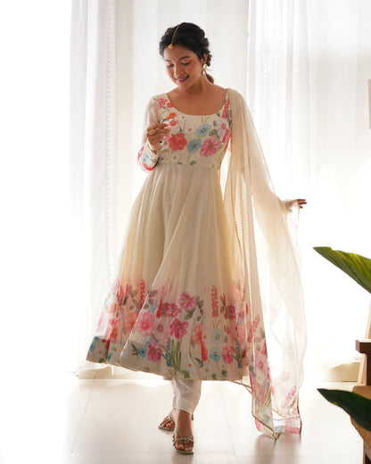 Floral Printed Organza Anarkali Suit for Festive Party Wear