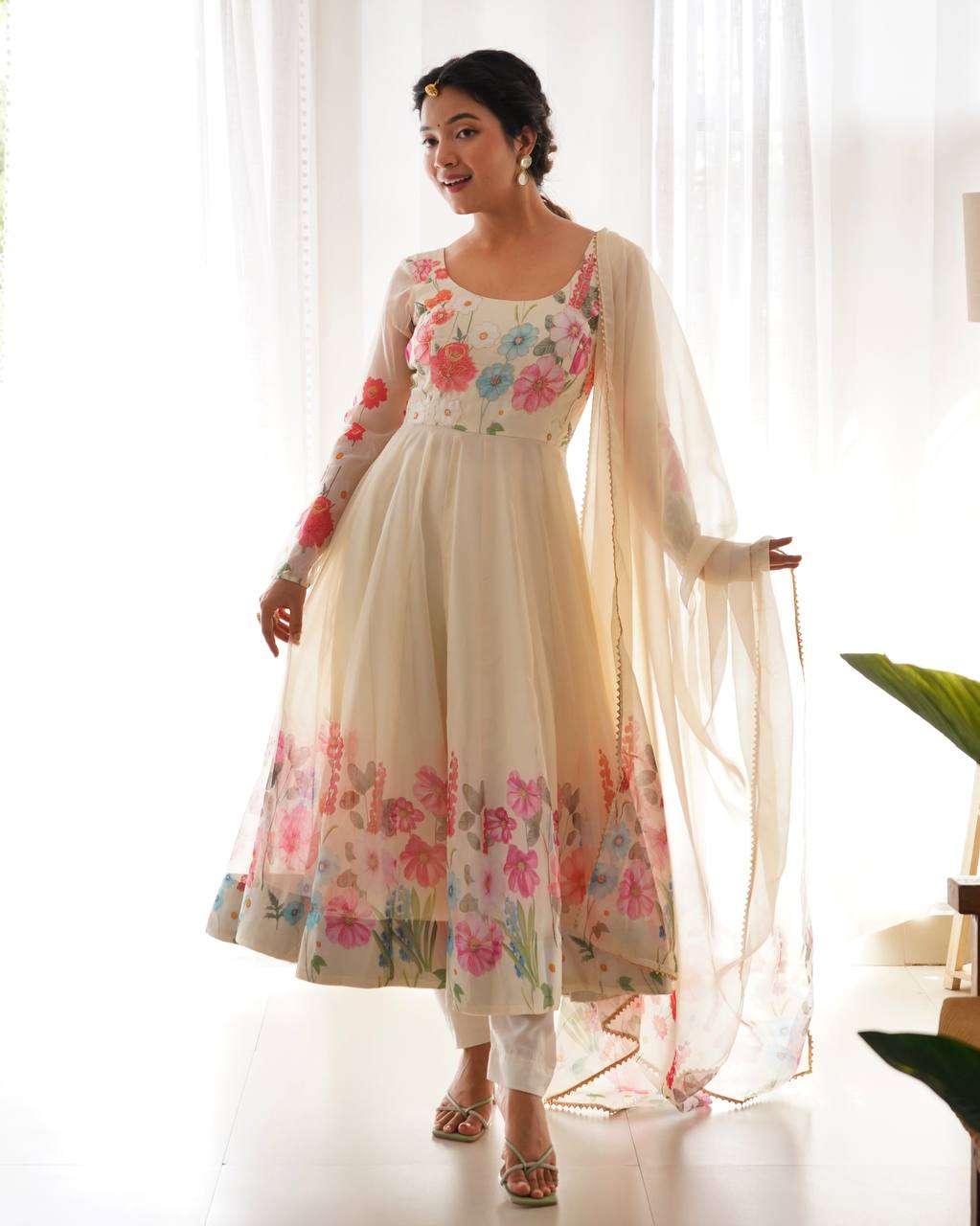 Floral Printed Organza Anarkali Suit for Festive Party Wear