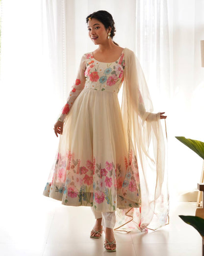 Floral Printed Organza Anarkali Suit for Festive Party Wear