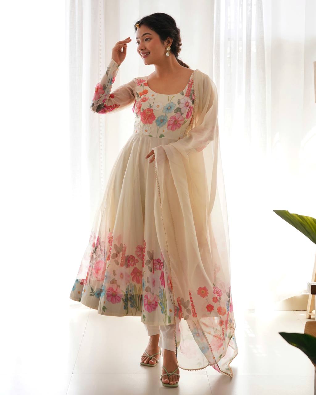 Floral Printed Organza Anarkali Suit for Festive Party Wear
