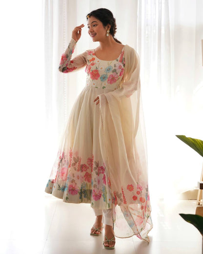 Floral Printed Organza Anarkali Suit for Festive Party Wear