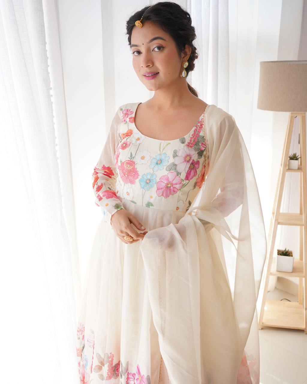 Floral Printed Organza Anarkali Suit for Festive Party Wear