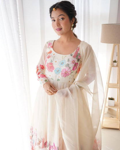 Floral Printed Organza Anarkali Suit for Festive Party Wear