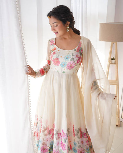 Floral Printed Organza Anarkali Suit for Festive Party Wear