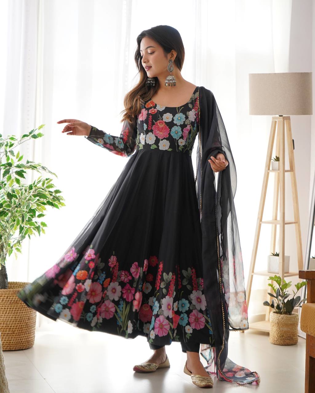 Floral Printed Organza Anarkali Suit for Festive Party Wear