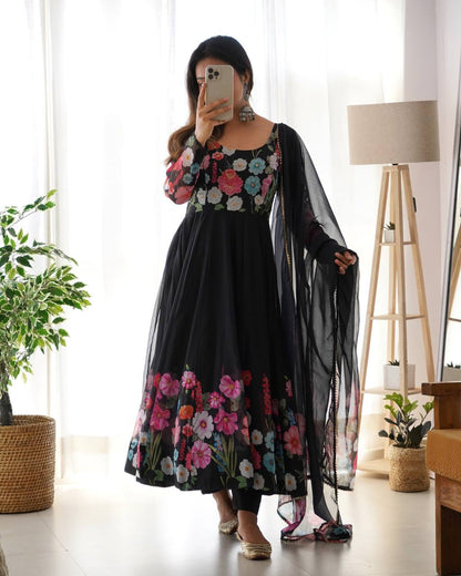 Floral Printed Organza Anarkali Suit for Festive Party Wear