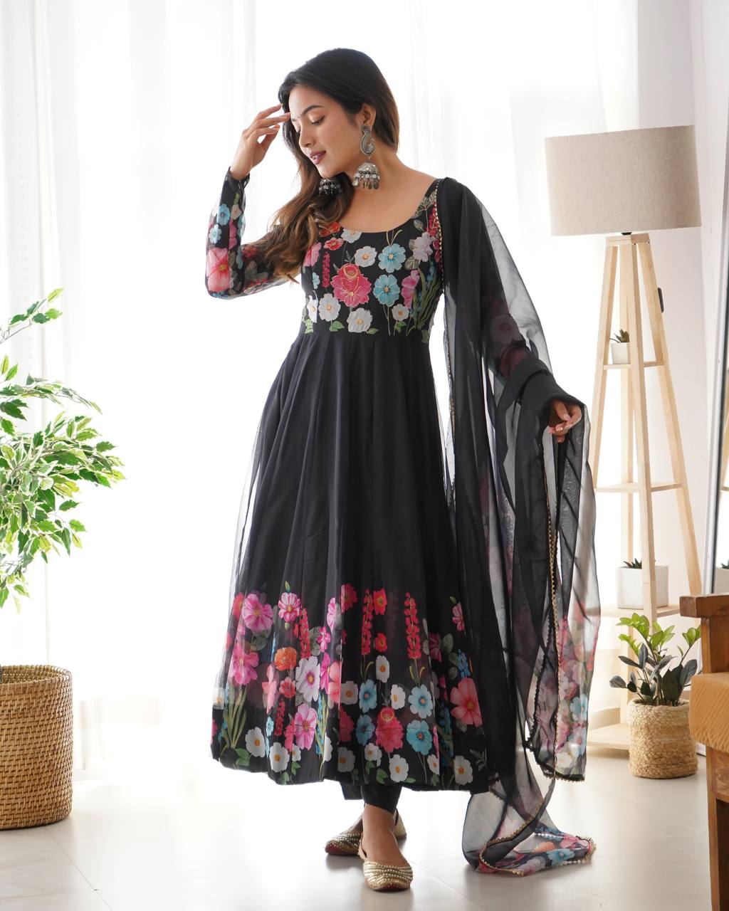Floral Printed Organza Anarkali Suit for Festive Party Wear