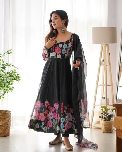 Floral Printed Organza Anarkali Suit for Festive Party Wear