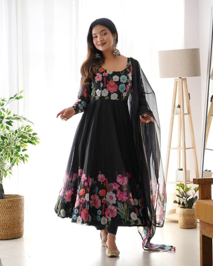 Floral Printed Organza Anarkali Suit for Festive Party Wear