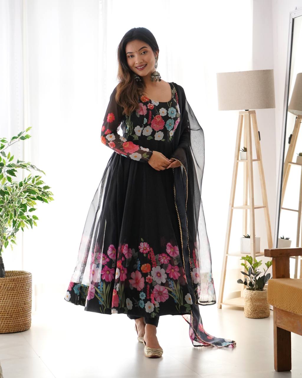 Floral Printed Organza Anarkali Suit for Festive Party Wear