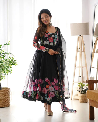 Floral Printed Organza Anarkali Suit for Festive Party Wear