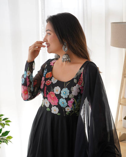 Floral Printed Organza Anarkali Suit for Festive Party Wear