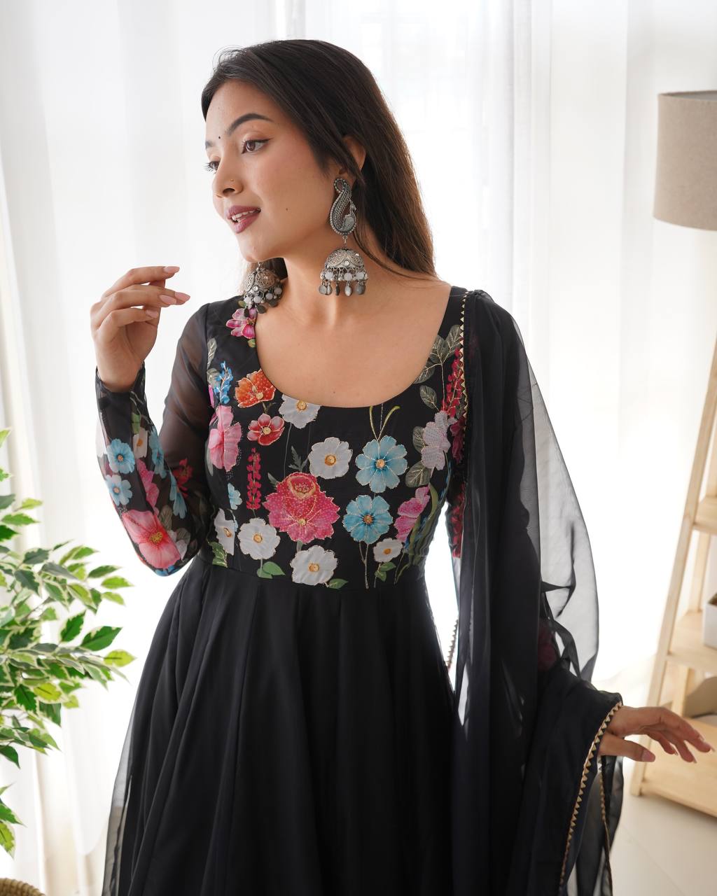 Floral Printed Organza Anarkali Suit for Festive Party Wear
