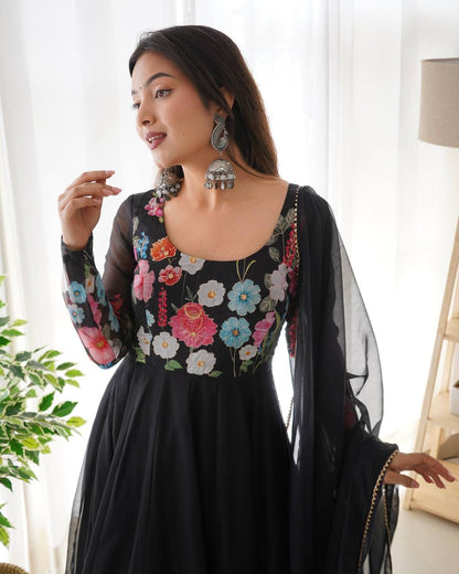 Floral Printed Organza Anarkali Suit for Festive Party Wear
