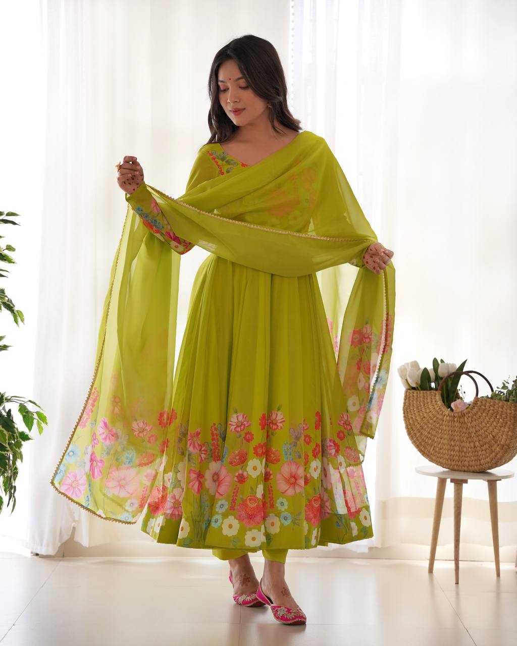 Floral Printed Organza Anarkali Suit for Festive Party Wear