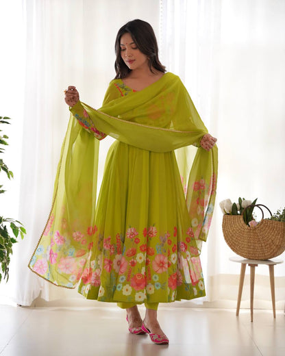 Floral Printed Organza Anarkali Suit for Festive Party Wear