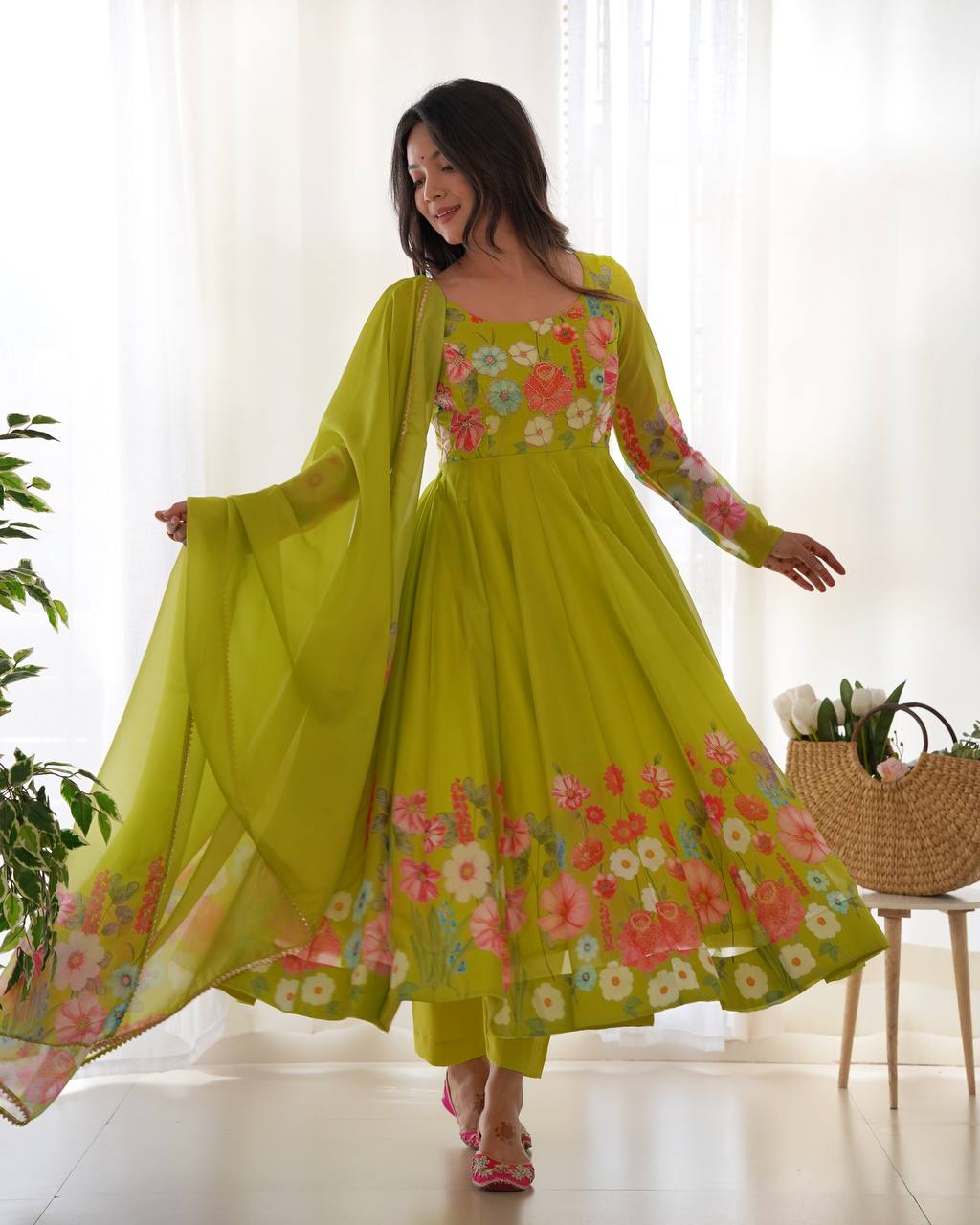 Floral Printed Organza Anarkali Suit for Festive Party Wear