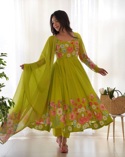 Floral Printed Organza Anarkali Suit for Festive Party Wear