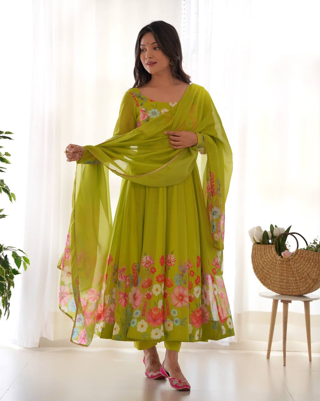 Floral Printed Organza Anarkali Suit for Festive Party Wear