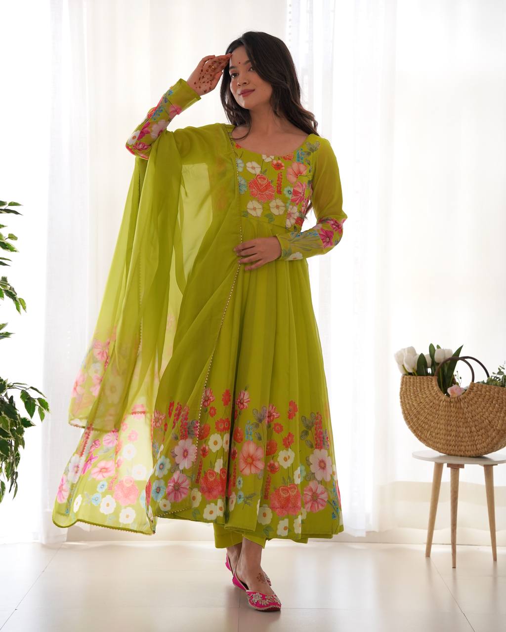 Floral Printed Organza Anarkali Suit for Festive Party Wear