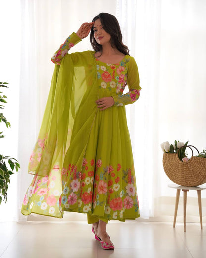 Floral Printed Organza Anarkali Suit for Festive Party Wear