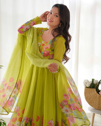 Floral Printed Organza Anarkali Suit for Festive Party Wear