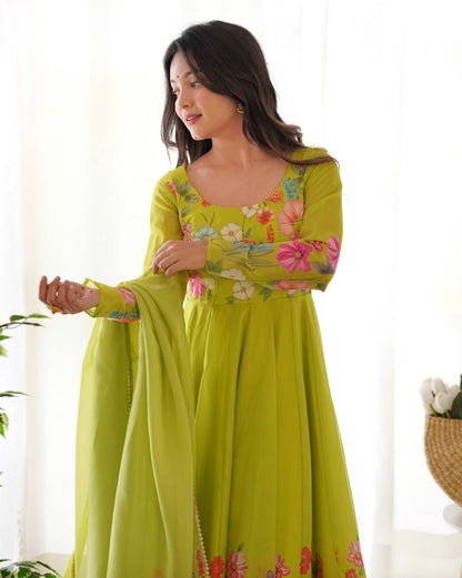 Floral Printed Organza Anarkali Suit for Festive Party Wear