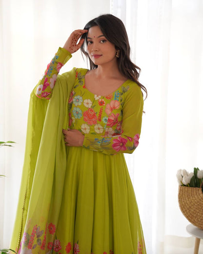 Floral Printed Organza Anarkali Suit for Festive Party Wear