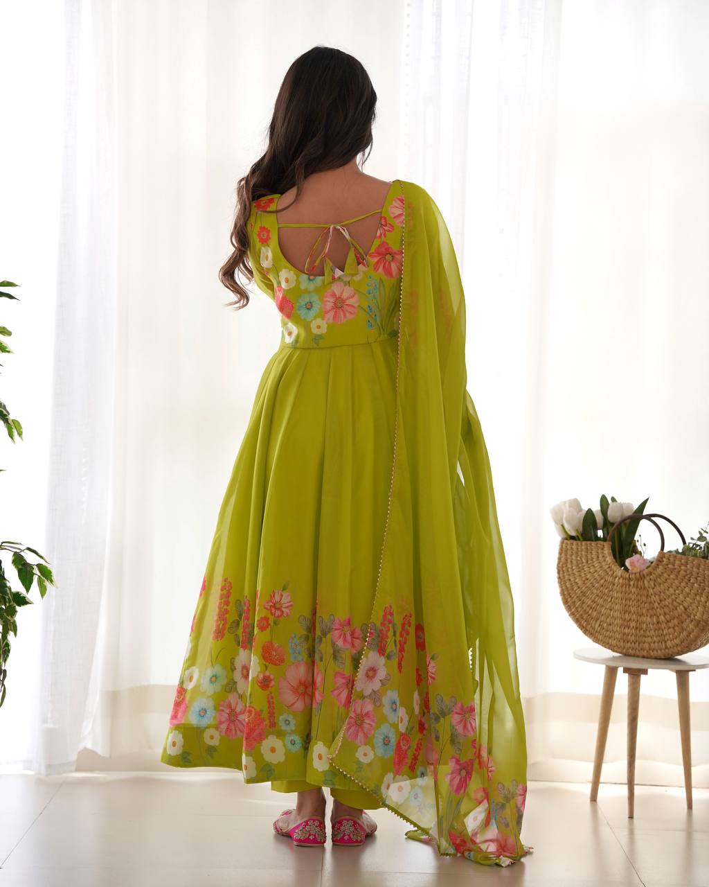 Floral Printed Organza Anarkali Suit for Festive Party Wear