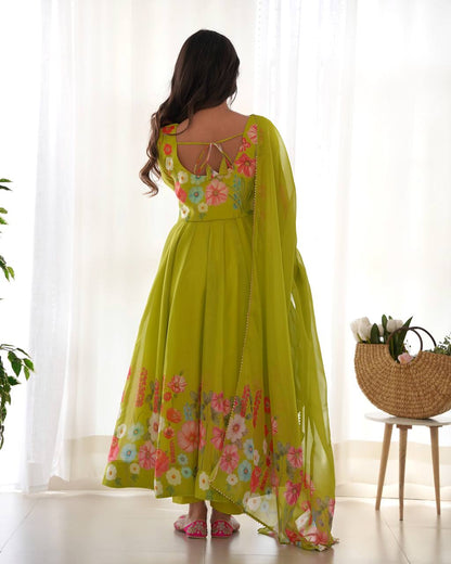 Floral Printed Organza Anarkali Suit for Festive Party Wear
