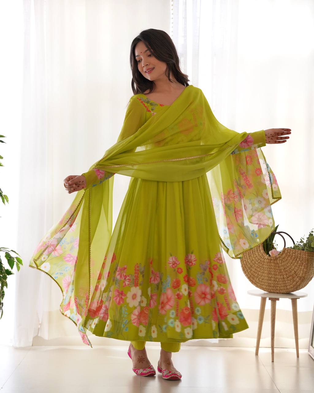 Floral Printed Organza Anarkali Suit for Festive Party Wear