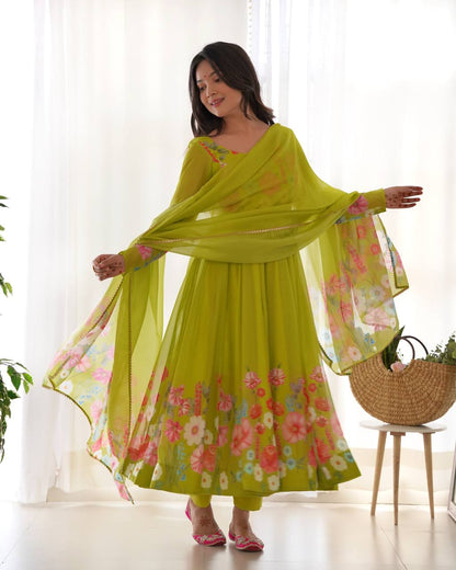 Floral Printed Organza Anarkali Suit for Festive Party Wear