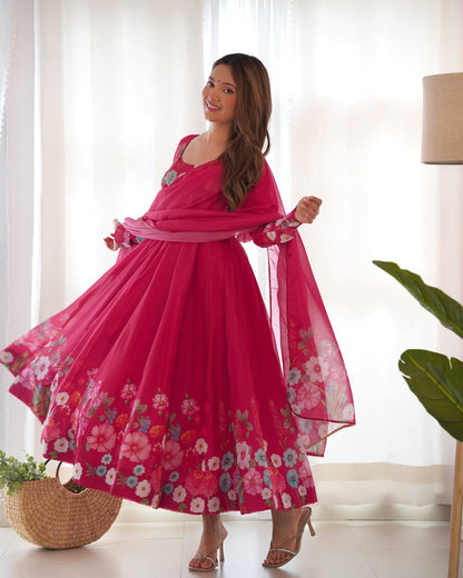Floral Printed Organza Anarkali Suit for Festive Party Wear