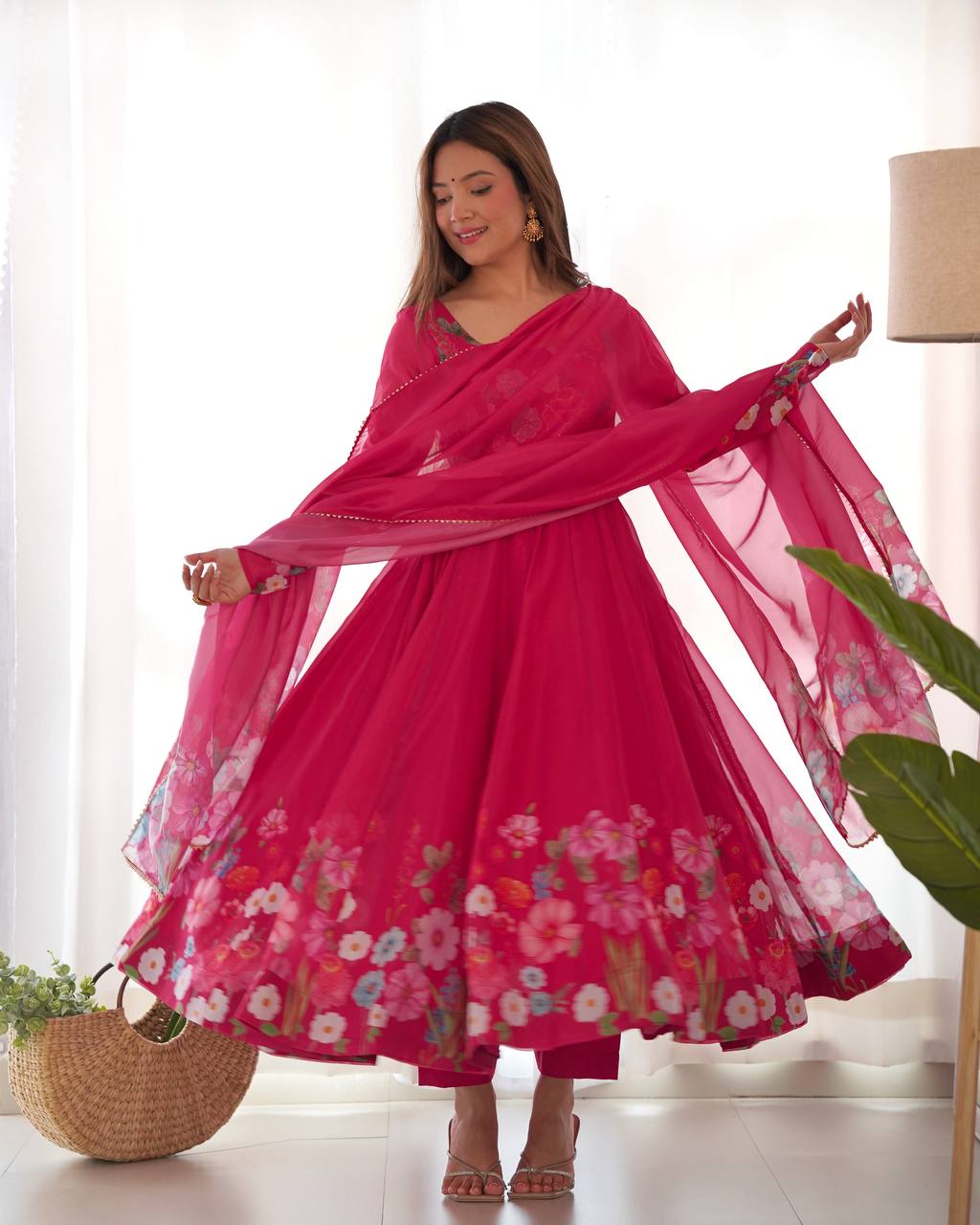 Floral Printed Organza Anarkali Suit for Festive Party Wear