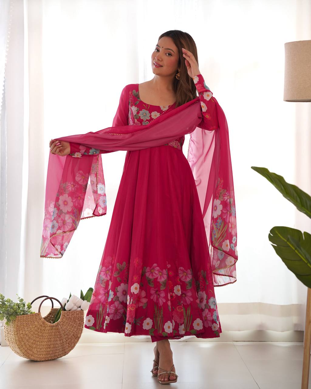 Floral Printed Organza Anarkali Suit for Festive Party Wear